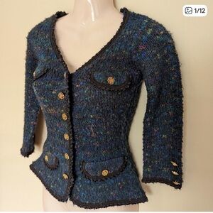Betsey JOHNSON knit boucle cardigan jacket blue black small xs